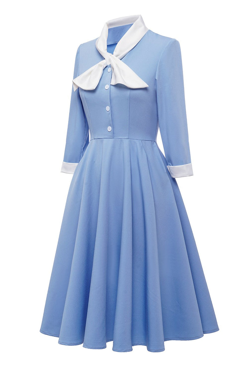 Load image into Gallery viewer, Blue Button Vintage 1950s Dress with Bowknot