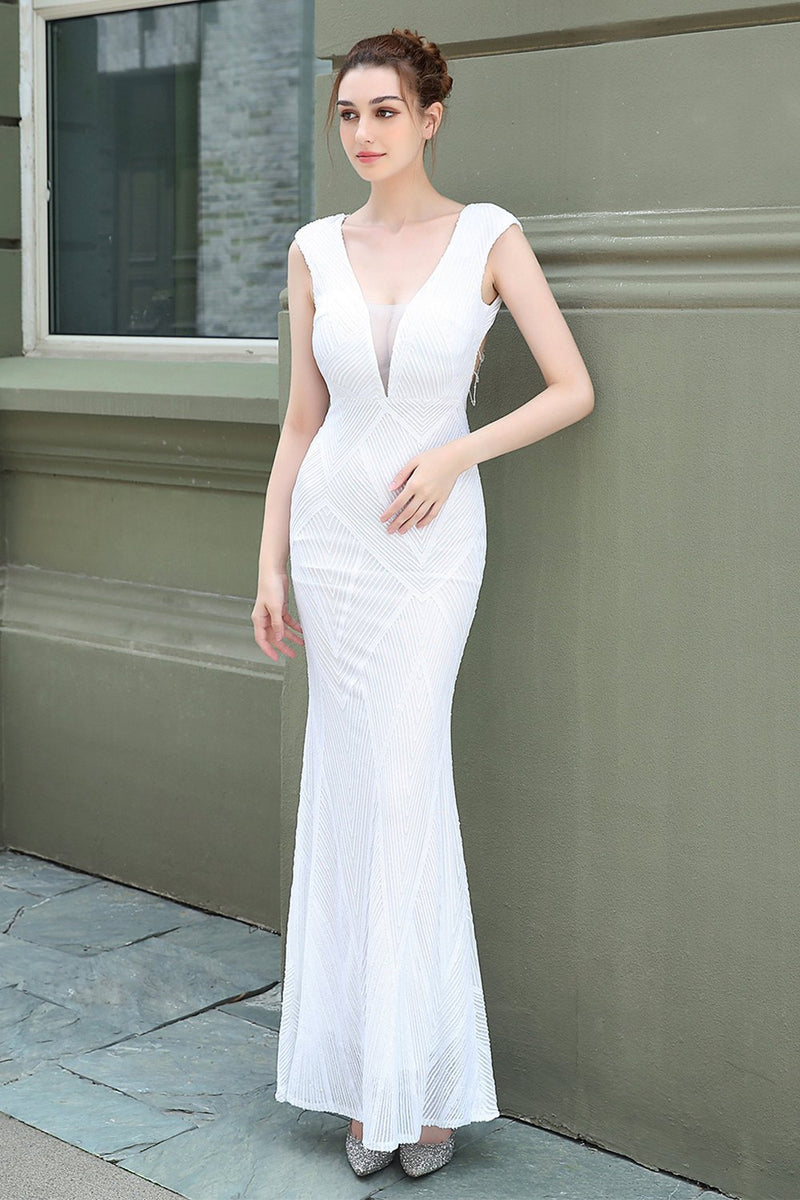 Load image into Gallery viewer, White V-neck Sequins Prom Dress