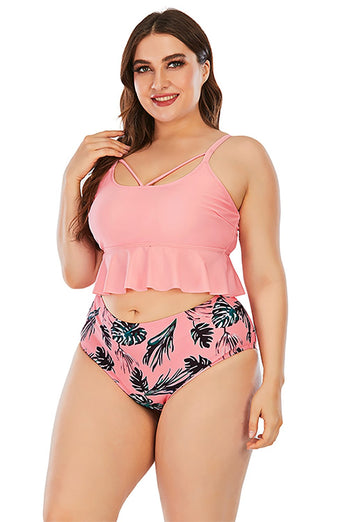 Pink Print Plus Size Two Piece Swimsuit