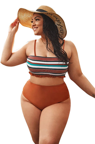 Plus Size Coffee Striped Swimwear