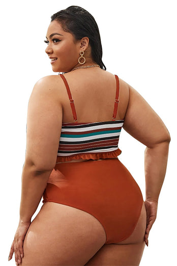 Plus Size Coffee Striped Swimwear