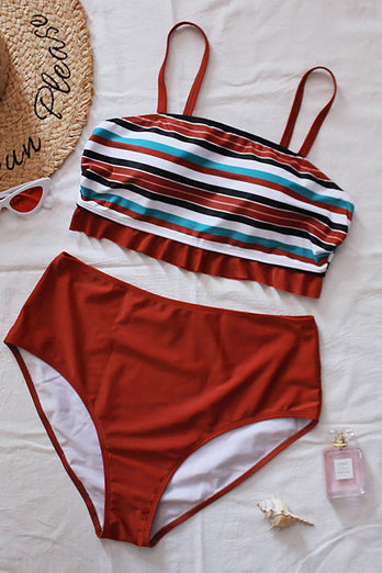 Plus Size Coffee Striped Swimwear