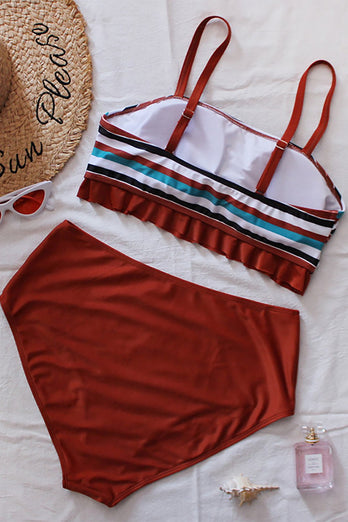 Plus Size Coffee Striped Swimwear