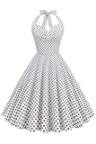 Halter Neck Blue Polka Dots Vintage Dress with Backless