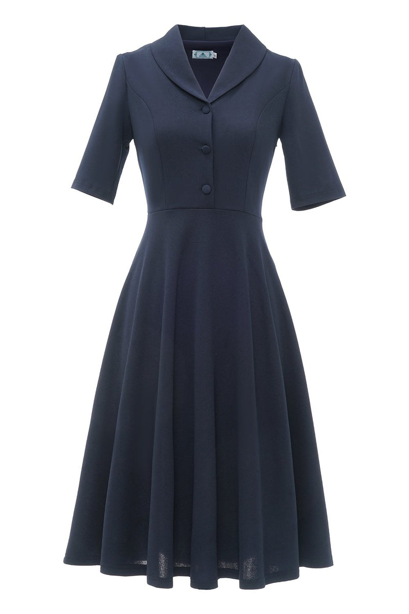 Load image into Gallery viewer, Navy Short Sleeves Button Vintage Dress