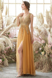 Deep V-neck Long Dress with Appliques