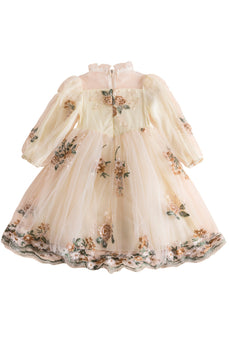Apricot A Line Long Sleeves Embroidery Tulle Girl Dress