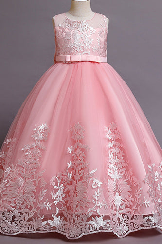 Pink Embroidery Sleeveless Flower Girl Dress with Bowknot