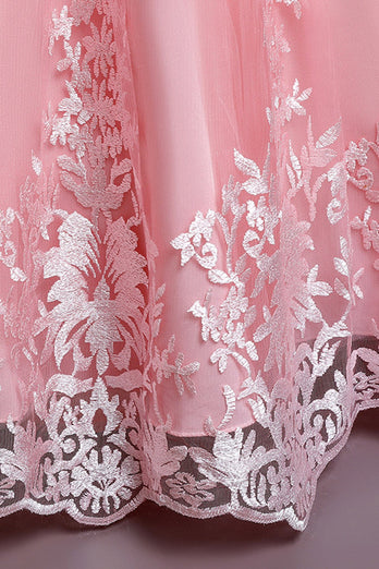 Pink Embroidery Sleeveless Flower Girl Dress with Bowknot