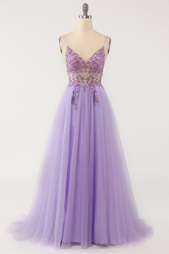 Purple Beading Tulle Prom Dress