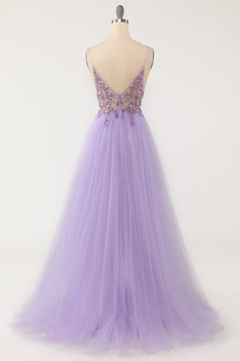 Purple Beaded Tulle Long Prom Dress