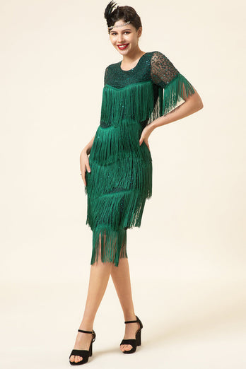 Round Neck Dark Green Beaded Gatsby 1920s Dress With Fringes