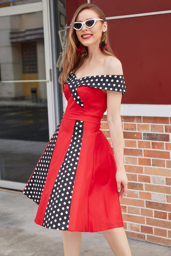 Off Shoulder Red Polka Dots 1950s Dress