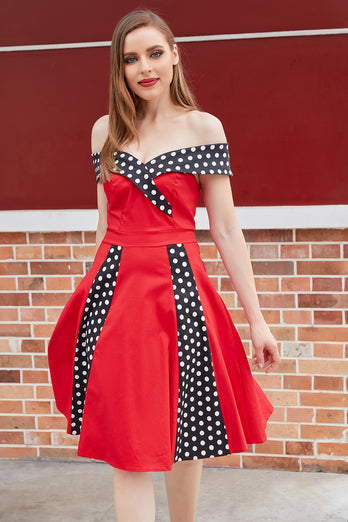 Off Shoulder Red Polka Dots 1950s Dress