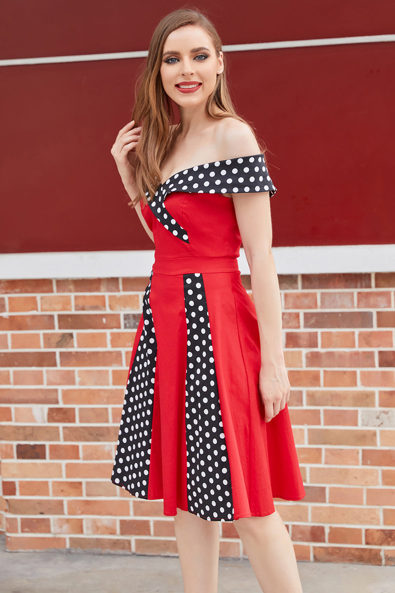 Load image into Gallery viewer, Off Shoulder Red Polka Dots 1950s Dress