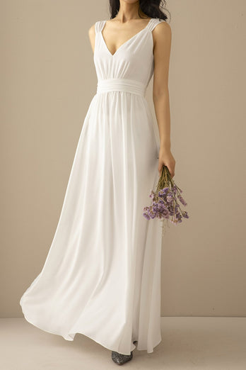 Simple White Chiffon Long Prom Bridesmaid Dress