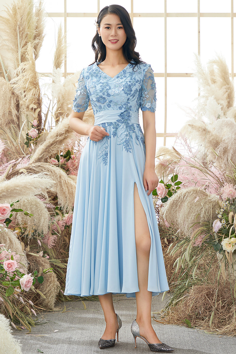 Load image into Gallery viewer, V Neck Blue Mother of Bride Dress with Appliques
