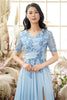 Load image into Gallery viewer, V Neck Blue Mother of Bride Dress with Appliques