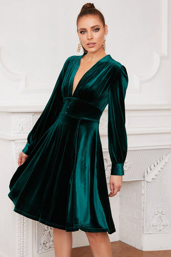 Zapaka Women Dark Green Velvet Dress V Neck Long Sleeves Cocktail Party ...