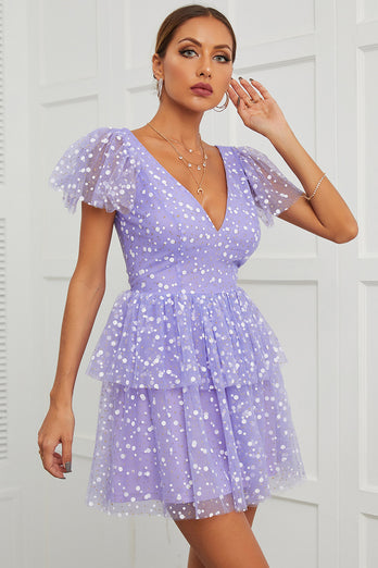 Cute V Neck Purple Party Dress