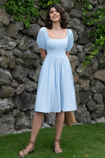 Square Neck Blue Vintage Summer Dress