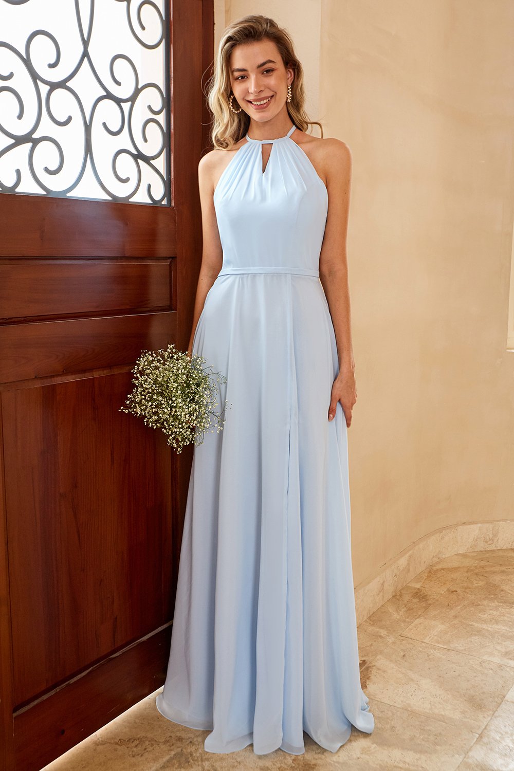 Zapaka Women Bridesmaid Dress Sky Blue Open Back Chiffon Wedding Party Dress with Slit ZAPAKA UK Zapaka Women Bridesmaid Dress Sky Blue Open Back Chiffon Wedding Party Dress with Slit ZAPAKA UK