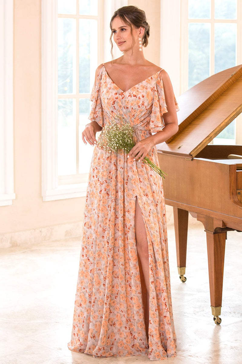 Load image into Gallery viewer, Floral Print Orange Bridesmaid Dress