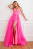 Load image into Gallery viewer, Two Piece Spaghetti Straps Fuchsia Prom Dress with Split Front