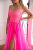 Load image into Gallery viewer, Two Piece Spaghetti Straps Fuchsia Prom Dress with Split Front
