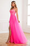 Two Piece Spaghetti Straps Fuchsia Prom Dress with Split Front