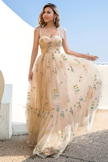 A Line Spaghetti Straps Champagne Prom Dress with Appliques