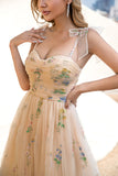 A Line Spaghetti Straps Champagne Prom Dress with Appliques