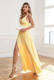 Classic A Line V Neck Yellow Long Prom Dress with Split Front