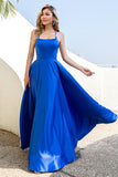 Royal Blue Backless Satin Prom Dress