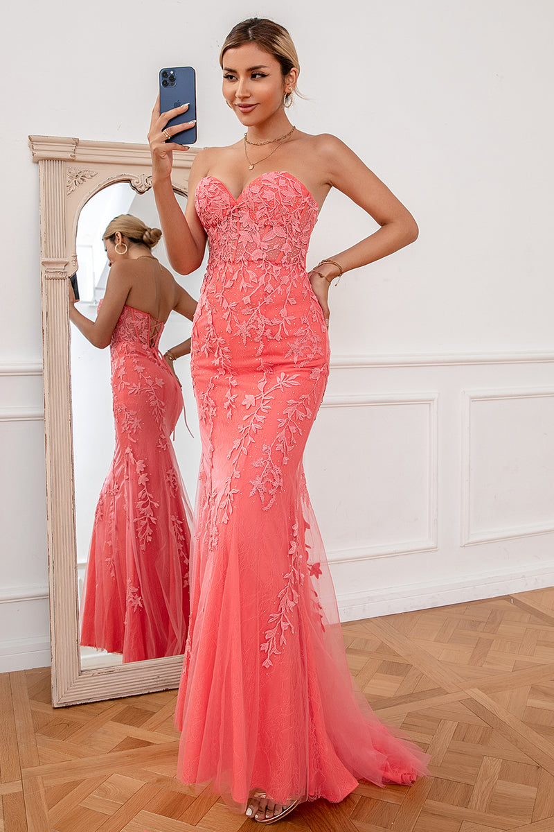 Load image into Gallery viewer, Coral Applique Tulle Prom Dress