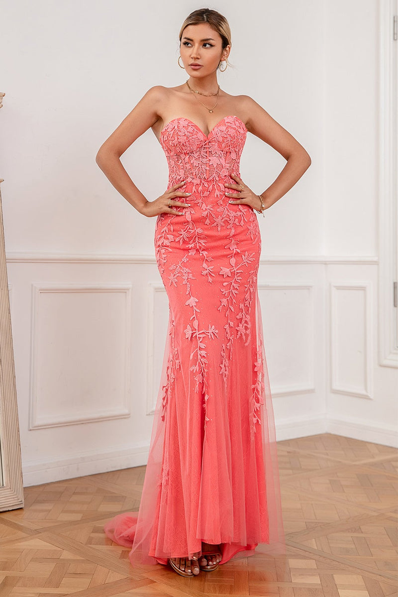 Load image into Gallery viewer, Coral Applique Tulle Prom Dress