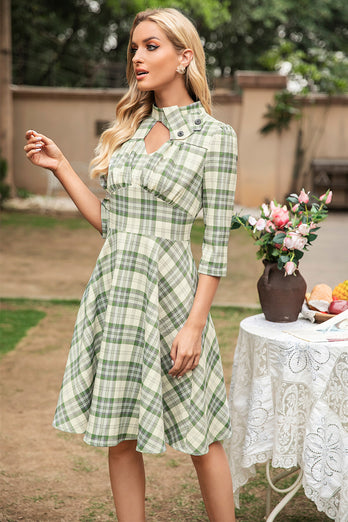 Retro Style Plaid Dress with Keyhole