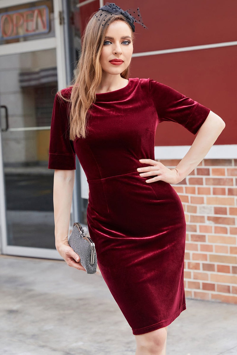 Load image into Gallery viewer, Burgundy Bodycon Velvet Dress with Sleeves
