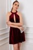 Load image into Gallery viewer, Burgundy Halter Keyhole Mini Velvet Dress