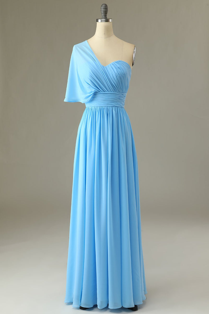 Load image into Gallery viewer, One Shoulder Blue Bridesmaid Dress