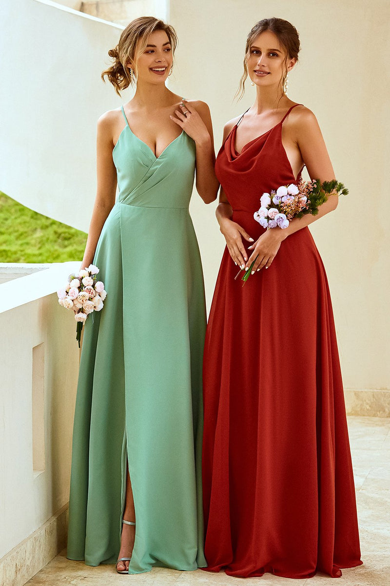 Load image into Gallery viewer, Light Green Long Bridesmaid Dress with Slit