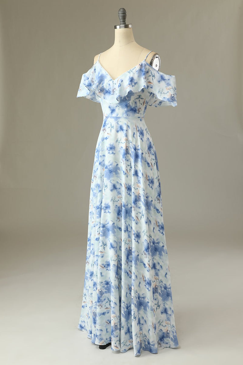 Load image into Gallery viewer, A Line Off the Shoulder Blue Floral Print Long Bridesmaid Dress