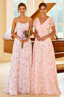 Load image into Gallery viewer, A Line Spaghetti Straps Purple Flower Printed Bridesmaid Dress