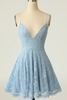 Load image into Gallery viewer, Spaghetti Straps Lace Blue Homecoming Dress