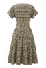 Load image into Gallery viewer, Khaki Green Grid Short Sleeves 1950s Vintage Dress