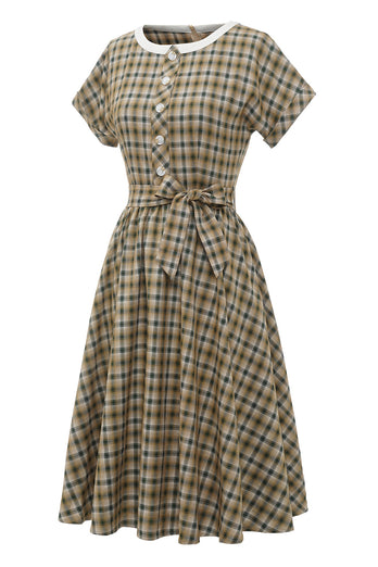 Khaki Green Grid Short Sleeves 1950s Vintage Dress