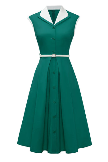 Lapel Neck Green Swing 1950s Dress with Belt