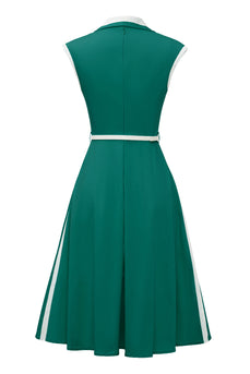 Lapel Neck Green Swing 1950s Dress with Belt