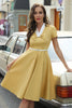 Load image into Gallery viewer, V Neck Yellow 1950s Dress with Belt