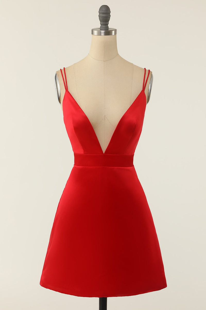 Load image into Gallery viewer, Red Satin V-neck Cocktail Dress